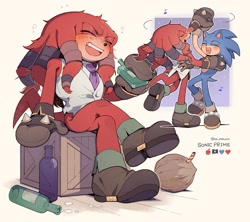 Size: 1403x1247 | Tagged: safe, artist:sk_rokuro, knuckles the echidna, sonic the hedgehog, sonic prime, 2023, blushing, bottle, box, coconut, cute, dancing, duo, gay, holding each other, holding something, knucklebetes, knuckles the dread, knuxonic, musical notes, shipping, simple background, sitting, smile, sonabetes, sparkles