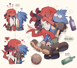 Size: 1403x1240 | Tagged: safe, artist:sk_rokuro, knuckles the echidna, sonic the hedgehog, sonic prime, 2023, biting, blushing, bottle, coconut, cute, drunk, duo, english text, frown, gay, heart, holding them, hugging, knucklebetes, knuckles the dread, knuxonic, question mark, shipping, simple background, sonabetes, standing, sweatdrop, thought bubble
