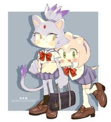 Size: 1359x1491 | Tagged: safe, artist:choccy-milkshake, amy rose, blaze the cat, 2023, amy x blaze, amybetes, bag, blazebetes, blushing, border, cute, duo, frown, gloves off, holding something, hugging from behind, lesbian, schoolgirl outfit, shipping, simple background, smile, standing, sweatdrop