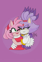 Size: 540x799 | Tagged: safe, artist:galaxyemotional27, amy rose, blaze the cat, cat, hedgehog, 2021, amy x blaze, amy's halterneck dress, blaze's tailcoat, cute, female, females only, holding hands, lesbian, mouth open, one eye closed, shipping
