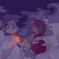 Size: 540x540 | Tagged: safe, artist:matrythesomething, amy rose, blaze the cat, cat, hedgehog, 2022, amy x blaze, amy's halterneck dress, blaze's tailcoat, cute, female, females only, flame, fog, holding hands, lesbian, piko piko hammer, shipping