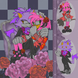 Size: 540x540 | Tagged: safe, artist:silence-caravan, amy rose, blaze the cat, cat, hedgehog, 2023, amy x blaze, cute, female, females only, flowers, hand on shoulder, lesbian, maid outfit, shipping