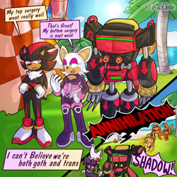 Size: 2048x2048 | Tagged: safe, artist:tom-is-online, e-123 omega, egg pawn, rouge the bat, shadow the hedgehog, sonic heroes, abstract background, attacking, dialogue, english text, goth, meme, my top surgery went well, robot, seaside hill, speech bubble, standing, team dark, trans female, trans male, transgender