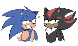Size: 1519x904 | Tagged: safe, artist:miles-deerbun, shadow the hedgehog, sonic the hedgehog, bust, duo, flirting, frown, gay, lidded eyes, looking at them, shadow x sonic, shipping, signature, simple background, smile, white background