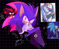Size: 2048x1691 | Tagged: safe, artist:emenens, shadow the hedgehog, sonic the hedgehog, sonic prime s2, abstract background, alternate eye color, alternate universe, badge, crop jacket, duo, looking at viewer, pointing, purple eyes, reference inset, small, smile, trans male, transgender