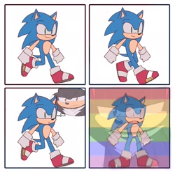 Size: 2048x2024 | Tagged: safe, artist:sonicnewunivers, shadow the hedgehog, sonic the hedgehog, 2023, crush, gay, panels, pride, pride flag, shadow x sonic, shipping, solo, thinking, thought bubble, walking