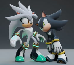 Size: 972x848 | Tagged: safe, artist:luxar_b3d, mephiles the dark, silver the hedgehog, 2023, 3d, abstract background, duo, looking at each other, standing