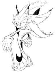 Size: 545x701 | Tagged: safe, artist:oin_09o, shadow the hedgehog, 2023, black and white, frown, holding something, line art, looking offscreen, simple background, solo, standing, walking cane, white background