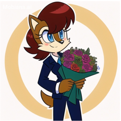 Size: 2048x2048 | Tagged: safe, ai art, artist:mobians.ai, sally acorn, abstract background, blushing, flower bouquet, holding something, looking offscreen, outline, prompter:taeko, smile, solo, wedding suit