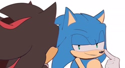 Size: 1920x1052 | Tagged: safe, artist:sonicnewunivers, shadow the hedgehog, sonic the hedgehog, 2023, duo, flirting, gay, lidded eyes, looking at each other, shadow x sonic, shipping, simple background, smile, white background