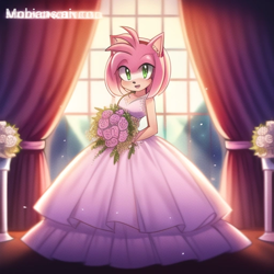 Size: 512x512 | Tagged: safe, ai art, artist:mobians.ai, amy rose, abstract background, flower bouquet, holding something, indoors, looking at viewer, prompter:taeko, smile, solo, standing, wedding dress