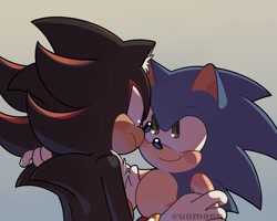 Size: 1368x1094 | Tagged: safe, artist:unmonn, shadow the hedgehog, sonic the hedgehog, 2023, blushing, cute, duo, frown, gay, gradient background, holding each other, looking at each other, shadow x sonic, shadowbetes, shipping, smile, sonabetes