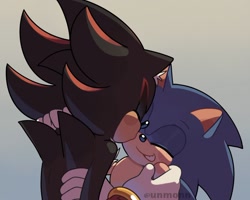 Size: 1348x1079 | Tagged: safe, artist:unmonn, shadow the hedgehog, sonic the hedgehog, 2023, blushing, cute, duo, eyes closed, gay, gradient background, holding each other, kiss on cheek, shadow x sonic, shadowbetes, shipping, smile, sonabetes, tongue out