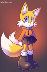 Size: 1346x2048 | Tagged: safe, ai art, artist:mobians.ai, miles "tails" prower, :o, boots, female, gradient background, looking at viewer, mouth open, prompter:taeko, skirt, solo, standing, trans female, transgender