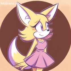 Size: 2048x2048 | Tagged: safe, ai art, artist:mobians.ai, oc, abstract background, blushing, dress, ear fluff, eyelashes, female, fennec, generic mobian, looking offscreen, prompter:taeko, purple eyes, smile, solo, standing, yellow fur