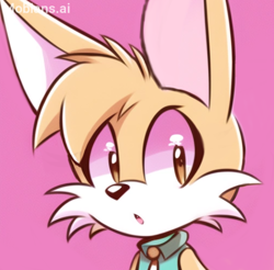 Size: 2048x2015 | Tagged: safe, ai art, artist:mobians.ai, oc, :o, ambiguous gender, brown eyes, clothes, fennec, generic mobian, hair over one eye, looking at viewer, mouth open, one fang, pink background, prompter:taeko, simple background, solo, yellow fur