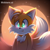 Size: 512x512 | Tagged: safe, ai art, artist:mobians.ai, miles "tails" prower, abstract background, chest fluff, cute, glowing eyes, looking offscreen, moon, outdoors, prompter:triplettailedfox, smile, solo, standing, star (sky), tailabetes, tongue out