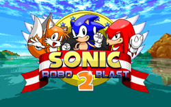 Size: 640x400 | Tagged: safe, knuckles the echidna, miles "tails" prower, sonic the hedgehog, abstract background, classic knuckles, classic sonic, classic tails, english text, looking at viewer, smile, sonic robo blast 2, team sonic, title screen, trio
