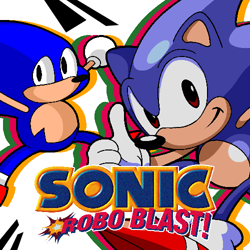 Size: 500x500 | Tagged: safe, sonic the hedgehog, abstract background, classic sonic, english text, logo, smile, sonic robo blast