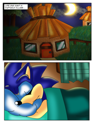 Size: 816x1056 | Tagged: safe, artist:jayfoxfire, sonic the hedgehog, comic:tails' nightmare (jayfoxfire), 2014, abstract background, bed, comic, house, indoors, nighttime, sleeping, solo