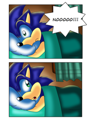 Size: 816x1056 | Tagged: safe, artist:jayfoxfire, sonic the hedgehog, comic:tails' nightmare (jayfoxfire), 2014, abstract background, bed, comic, dialogue, indoors, nighttime, screaming, solo, speech bubble, waking up