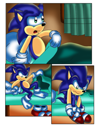 Size: 816x1056 | Tagged: safe, artist:jayfoxfire, sonic the hedgehog, comic:tails' nightmare (jayfoxfire), 2014, abstract background, bed, comic, curtain, indoors, nighttime, putting shoes on, sitting, solo