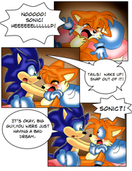 Size: 816x1056 | Tagged: safe, artist:jayfoxfire, miles "tails" prower, sonic the hedgehog, comic:tails' nightmare (jayfoxfire), 2014, abstract background, bed, blushing, comic, crying, dialogue, duo, english text, floppy ears, hands on another's shoulders, indoors, looking at each other, mouth open, nightmare, nighttime, sad, sleeping, speech bubble, tears, waking up