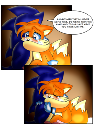Size: 816x1056 | Tagged: safe, artist:jayfoxfire, miles "tails" prower, sonic the hedgehog, comic:tails' nightmare (jayfoxfire), 2014, abstract background, blushing, comforting, comic, crying, dialogue, duo, english text, floppy ears, hugging, indoors, nighttime, sitting, speech bubble, standing, tears