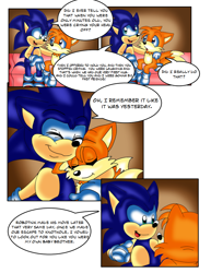 Size: 816x1056 | Tagged: safe, artist:jayfoxfire, miles "tails" prower, sonic the hedgehog, comic:tails' nightmare (jayfoxfire), 2014, abstract background, bed, comic, dialogue, duo, english text, hugging, indoors, looking at each other, nighttime, sitting, smile, speech bubble