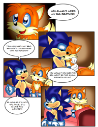 Size: 816x1056 | Tagged: safe, artist:jayfoxfire, miles "tails" prower, sonic the hedgehog, comic:tails' nightmare (jayfoxfire), 2014, abstract background, comic, dialogue, duo, english text, hugging, indoors, nighttime, sitting, speech bubble