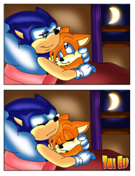 Size: 816x1056 | Tagged: safe, artist:jayfoxfire, miles "tails" prower, sonic the hedgehog, comic:tails' nightmare (jayfoxfire), 2014, abstract background, bed, comic, duo, english text, floppy ears, holding each other, indoors, moon, nighttime, sleeping, smile, window