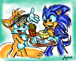 Size: 900x720 | Tagged: safe, artist:jayfoxfire, miles "tails" prower, sonic the hedgehog, 2022, abstract background, cap, duo, fries, holding something, mcdonalds, mouth open, signature, sketch, smile, standing