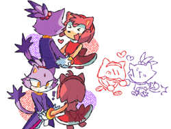 Size: 786x595 | Tagged: safe, artist:rosyamy_, amy rose, blaze the cat, cat, hedgehog, 2023, amy x blaze, amy's halterneck dress, blaze's tailcoat, cute, exclamation mark, eyes closed, female, females only, hearts, lesbian, looking at each other, shipping