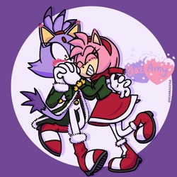Size: 2048x2048 | Tagged: safe, artist:beanbagstab, amy rose, blaze the cat, cat, hedgehog, 2022, amy x blaze, blushing, christmas, cute, female, females only, hearts, holding hands, lesbian, shipping, winter outfit