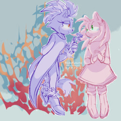 Size: 540x540 | Tagged: safe, artist:ridofukuto, amy rose, blaze the cat, cat, hedgehog, 2022, amy x blaze, amy's halterneck dress, blaze's tailcoat, crying, cute, female, females only, flame, flower, lesbian, looking at each other, shipping