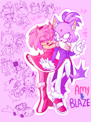 Size: 540x720 | Tagged: safe, artist:rainandworms, amy rose, blaze the cat, cat, hedgehog, 2023, amy x blaze, amy's halterneck dress, blaze's tailcoat, cute, eyes closed, female, females only, hands on shoulders, lesbian, shipping