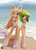 Size: 1000x1407 | Tagged: suggestive, artist:howxu, cosmo the seedrian, zooey the fox, abstract background, barefoot, beach, bikini, cosmooey, duo, holding hands, lesbian, looking at viewer, shipping, smile, standing, three toes