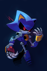 Size: 1347x2048 | Tagged: safe, artist:starrjoy, metal sonic, black sclera, blue background, robot, signature, simple background, solo, standing, walking