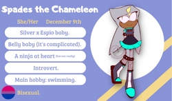 Size: 1004x590 | Tagged: safe, artist:head---ache, oc, oc:spades the chameleon, abstract background, bisexual, boots, chameleon, character name, clothes, dress, english text, fankid, female, hands behind back, magical gay spawn, parent:espio, parent:silver, parents:silvio, reference sheet, smile, solo