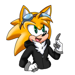 Size: 2048x2048 | Tagged: safe, artist:taeko, oc, oc:spark the hedgehog (taeko), hedgehog, alternate version, bisexual, bust, chest fluff, electrical gloves, fankid, goggles, goggles on head, green eyes, jacket, looking offscreen, magical gay spawn, male, mobius.social exclusive, mouth open, oc only, one fang, parent:sonic, parent:tails, parents:sontails, pointing, simple background, smile, solo, transparent background, yellow fur