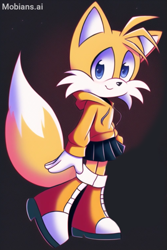 Size: 1343x2015 | Tagged: safe, ai art, artist:mobians.ai, miles "tails" prower, boots, cute, female, hoodie, looking at viewer, missing limb, prompter:taeko, skirt, smile, solo, tailabetes, trans female, transgender