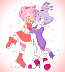 Size: 1852x2048 | Tagged: safe, artist:toonyliv, amy rose, blaze the cat, cat, hedgehog, 2020, amy x blaze, amy's halterneck dress, blaze's tailcoat, blushing, cute, eyes closed, female, females only, hand on back, hearts, hugging, lesbian, mouth open, shipping