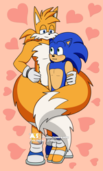 Size: 1800x3000 | Tagged: safe, artist:moontigerange1, miles "tails" prower, sonic the hedgehog, blue shoes, blushing, duo, gay, hand on arm, heart, looking at each other, older, shipping, simple background, sonic x tails, standing, tan background, yellow shoes