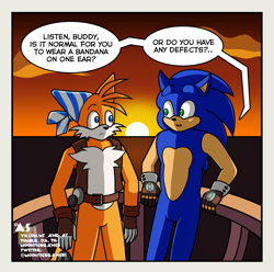 Size: 2048x2032 | Tagged: safe, artist:moontigerange1, miles "tails" prower, sails, sonic the hedgehog, sonic prime, abstract background, comic, dialogue, duo, gay, looking at each other, shipping, sonails, sonic x tails, speech bubble, sunset
