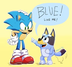 Size: 2000x1837 | Tagged: safe, artist:nanitecity, sonic the hedgehog, dog, 2022, bluey, child, crossover, dialogue, duo, english text, female, looking at each other, male, outline, signature, speech bubble, standing, wagging tail