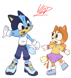 Size: 1928x2117 | Tagged: safe, artist:lucianolenz, dog, 2022, bingo (bluey), bluey, clothes, crossover, duo, female, females only, missing tooth, mobianified, siblings, signature, simple background, sisters, standing, wagging tail, white background
