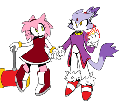 Size: 923x806 | Tagged: safe, artist:98chao, amy rose, blaze the cat, cat, hedgehog, 2023, amy x blaze, amy's halterneck dress, blaze's tailcoat, cute, female, females, flame, holding hands, lesbian, looking at them, piko piko hammer, shipping