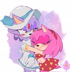 Size: 2048x2048 | Tagged: safe, artist:goddess22_p, amy rose, blaze the cat, cat, hedgehog, 2023, amy x blaze, bikini, cute, female, females only, hugging from behind, lesbian, looking back at them, shipping, swimsuit