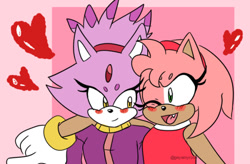 Size: 540x354 | Tagged: safe, artist:sonicdrift2, amy rose, blaze the cat, cat, hedgehog, 2018, amy x blaze, amy's halterneck dress, blaze's tailcoat, blushing, cute, female, females only, hearts, lesbian, one eye closed, shipping