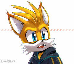 Size: 1295x1129 | Tagged: safe, artist:0law, miles "tails" prower, nine, sonic prime, ear fluff, fangs, looking offscreen, mouth open, solo